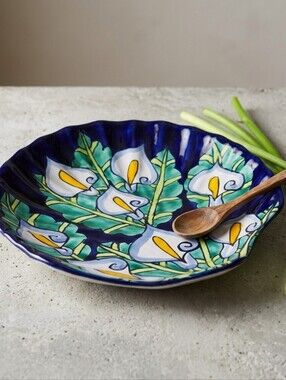 Vintage Mexican Talavera Redware Pottery Serving Dish With Lillies